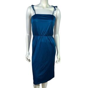 Vintage 1970s Teal Blue Cocktail Dress with Tie Shoulders Size 5/6